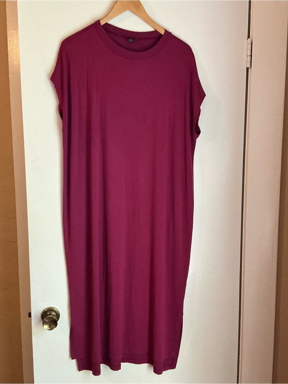 Eileen Fisher cap sleeve crew jersey dress in bright berry